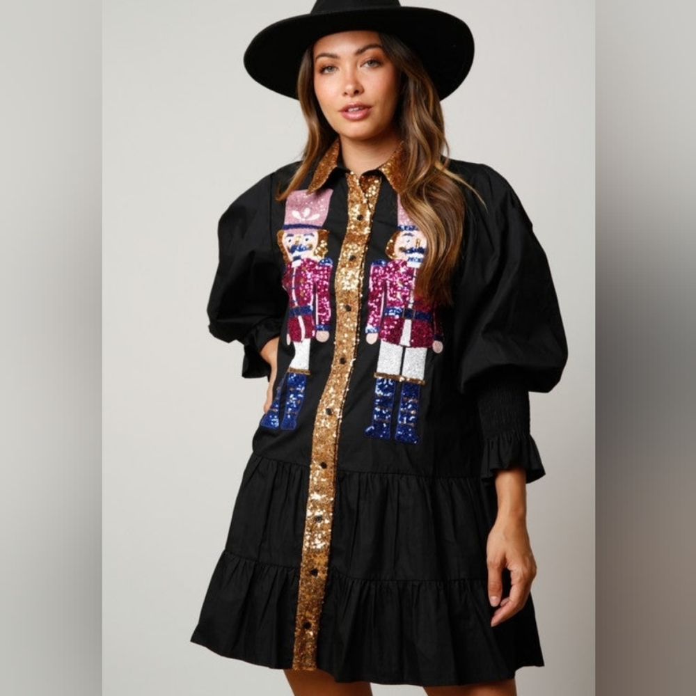Black Long Sleeve Dress with Sequin Nutcracker Design